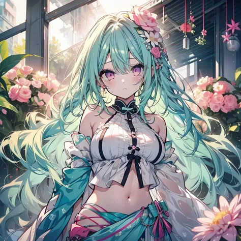 1 girl、Mature、Ample breasts、Mint green hair、Long Hair、Curly Hair、Pink Eyes、Sad face、cute、No sleeve、Belly button、Idol Costumes、Diva、Lots of flowers、High resolution、Highest quality