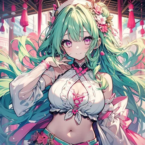 1 girl、Mature、Ample breasts、Mint green hair、Long Hair、Curly Hair、Pink Eyes、smile、cute、No sleeve、Belly button、Idol Costumes、Diva、High resolution、Highest quality