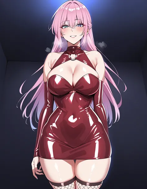 (sexy-style:1.3), 1girl, shikimorisan, pink hair, long hair, blue eyes, hair between eyes, bangs, blush, makeup, smile, breasts,...