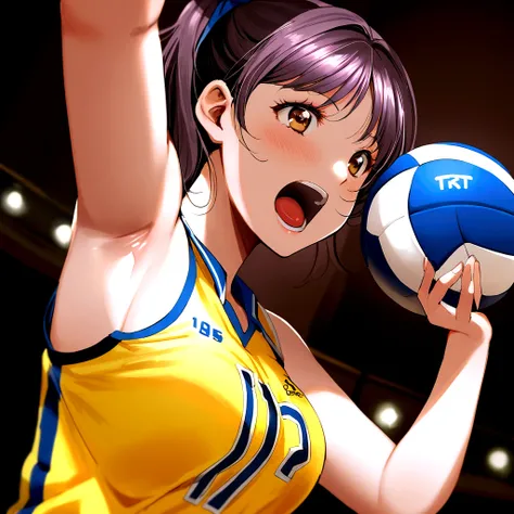 there is a woman holding a volleyball ball in her hand, wearing a volleyball jersey, mayuri shiina,  For whom?, Chiho, realistic Young Gravure Idol, kimi takemura, Young Gravure Idol, mao hamaguchi, volleyball, 