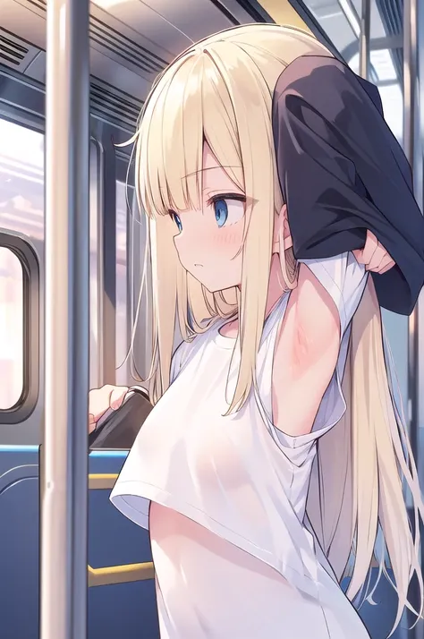 ,holding on to the railing of the train,armpits, presenting armpit,(looking away:1.4), (train interior:1.3),(crowded train:1.3),
upper body,(white shirts:1.5),((NSFW))　((hentai))Long Hair　Blonde　Toddler girl　5 years old