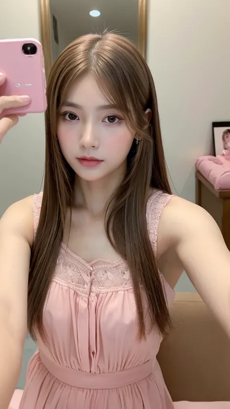 (masterpiece,best quality:1.4),(8k,raw photo,photo realistic:1.2), captures a serene (selfie:1.8), detailed face,detailed eyes,1girl,korean girl, beautiful face, pink makeup, brown hair, straight hair, long hair, mirror taking a (selfie:1.5)