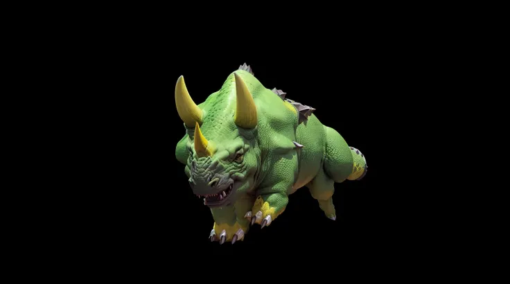 a close up of a green and yellow 恐龙 with horns, triceratops, Rhino rendering, Cartoon style dinosaurs