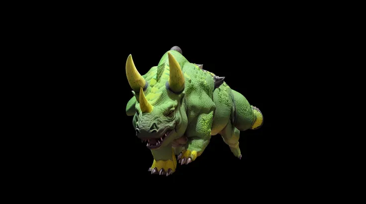 a close up of a green and yellow 恐龙 with horns, triceratops, Rhino rendering, Cartoon style dinosaurs