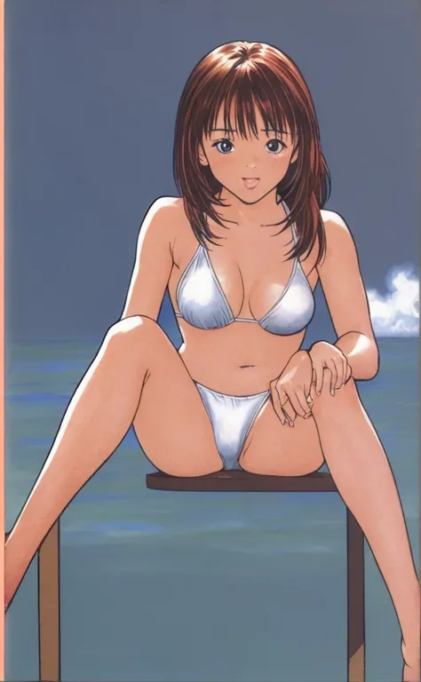 Iori is sitting on a chair in a bikini with her legs spread wide, blushing and her mouth open.。