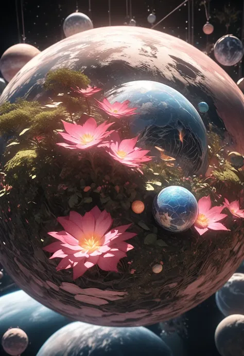 (((masterpiece))) (((best quality))) Glass ball, close-up of a planet with a bunch of trees on it, overgrown planet, green planet, Fractal World, Fantasy overgrown world, fantasy planet, Dyson Sphere, pink planet, 3D rendering beep, planetary landscape, ro...