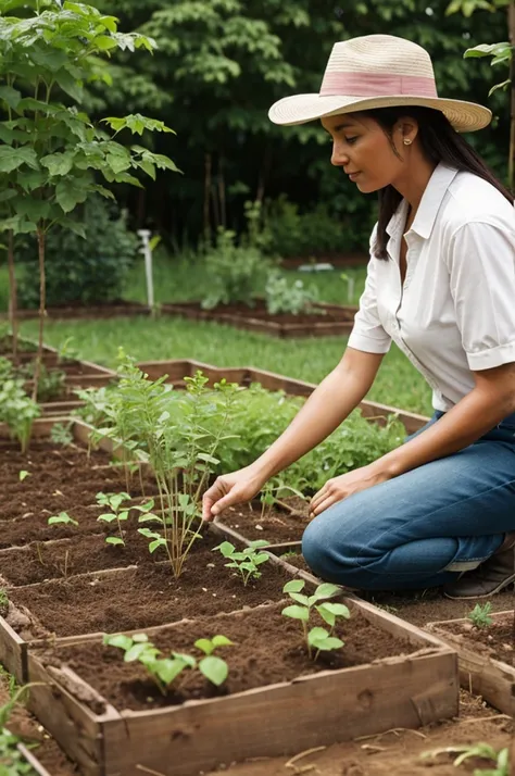 A woman who plants seedlings in her yard