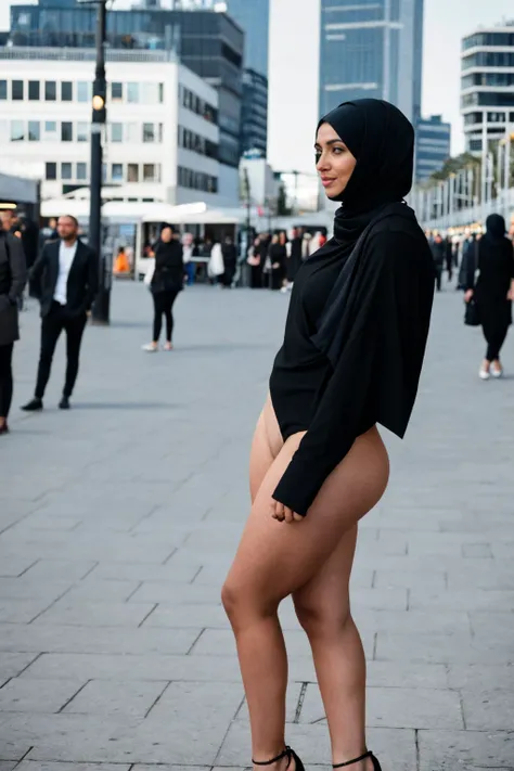 RAW photo,candid photograph, full body,photo of a beautiful,modern,30yo Moroccan woman,black hijab,pale skin, detailed skin, wearing casual clothing,naked, looking at viewer, thick body structure,standing at Schouwburgplein Rotterdam, candid pose,blue ligh...