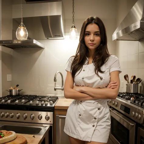 1girl in, 30 years old, Square face, Long hair, Looking at viewer, jewelry, Realistic, Sexy, chef outfit, kitchen background, free pose