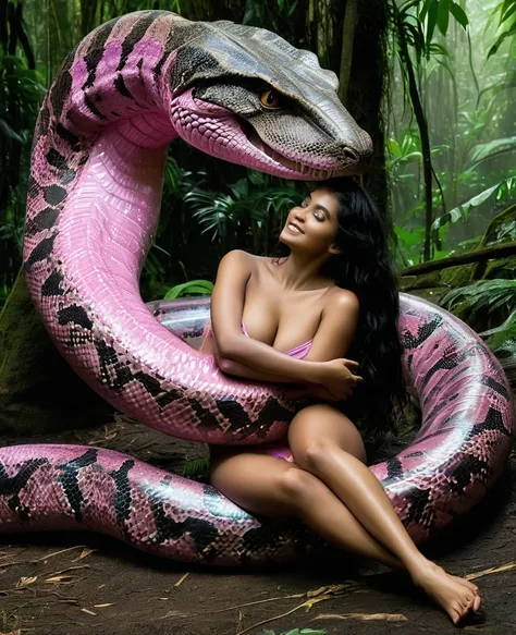  Topless  pink thong wearing aroused horny beautiful happy young Indian teen girl vs  Giant colossal kaa monster wrapped around her body squeezing her in coiled embrace cuddling and kissing  sexual erotic bestiality  sex  realistic in the rainforest full b...