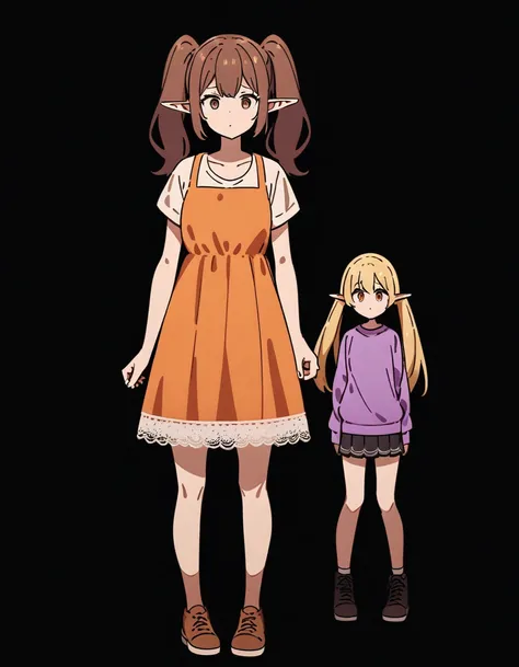 girl, Brown hair, two ponytails in hair, Brown eyes, White T-shirt, orange sundress, Black Belt, Short skirt, white lace at the end of the skirt, White background, full height, 2girl, blonde hair, elf, purple sweatshirt, In the dark, fear,