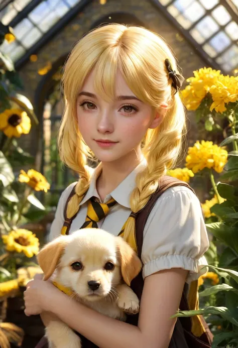 Best quality, masterpiece, Hogwarts student, Hufflepuff, short hair, high twin tails. Short golden blonde twintail hair, serious, very mischievous, cute and bright, with freckles on her face along with her cute puppy in detail. brown eyes A delicate face, ...