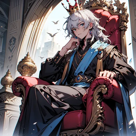 whole body,anime - style drawing of a man in a crown sitting on a red couch, on the cold throne, 2d art, 2d art, sitting on his ...