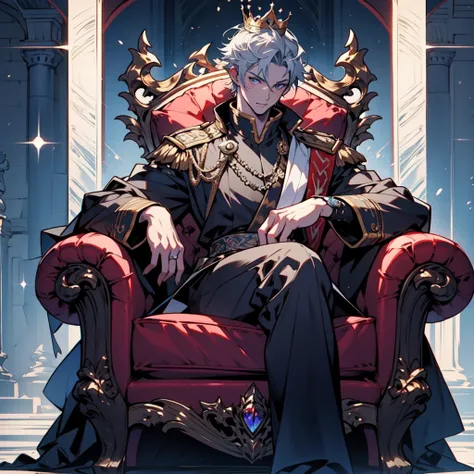 whole body,anime - style drawing of a man in a crown sitting on a red couch, on the cold throne, 2d art, 2d art, sitting on his ...