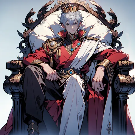 whole body,anime - style drawing of a man in a crown sitting on a red couch, on the cold throne, 2d art, 2d art, sitting on his ...