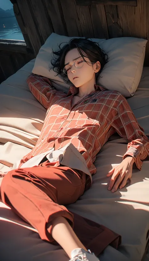 (8K,RAW photos,best quality,masterpiece:1.4),(((Lay flat,Man sleeping in bed))),Ultra-high resolution,Extremely detailed,light,Handsome man,Brown eyes,(delicate eyes,Eyes are bright:1.2),Black hair,Plaid shirt,Dark casual pants with white sneakers,A badge ...