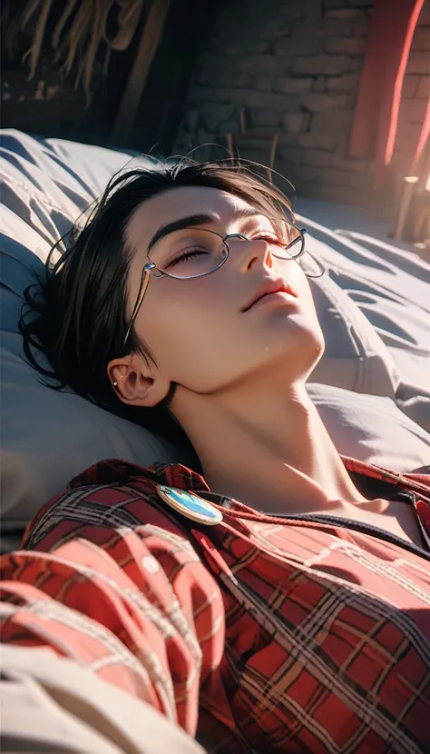 (8K,RAW photos,best quality,masterpiece:1.4),(((Lay flat,Man sleeping in bed))),Ultra-high resolution,Extremely detailed,light,Handsome man,Brown eyes,(delicate eyes,Eyes are bright:1.2),Black hair,Plaid shirt,Dark casual pants with white sneakers,A badge ...