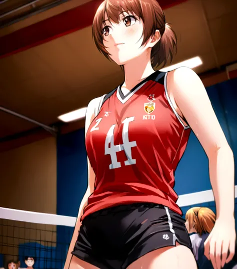 araffe woman in red shirt and black shorts playing volleyball, wearing a volleyball jersey, akikazu mizuno, chiho ashima, harumi, nico tanigawa, akiko takase, kimi takemura, erika ikuta, Nishimiya Shoko, tsubasa hanekawa,, volleyball