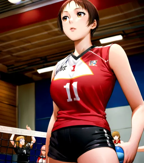 araffe woman in red shirt and black shorts playing volleyball, wearing a volleyball jersey, akikazu mizuno, chiho ashima, harumi, nico tanigawa, akiko takase, kimi takemura, erika ikuta, Nishimiya Shoko, tsubasa hanekawa,, volleyball