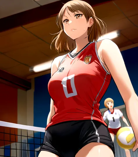 araffe woman in red shirt and black shorts playing volleyball, wearing a volleyball jersey, akikazu mizuno, chiho ashima, harumi, nico tanigawa, akiko takase, kimi takemura, erika ikuta, Nishimiya Shoko, tsubasa hanekawa,, volleyball