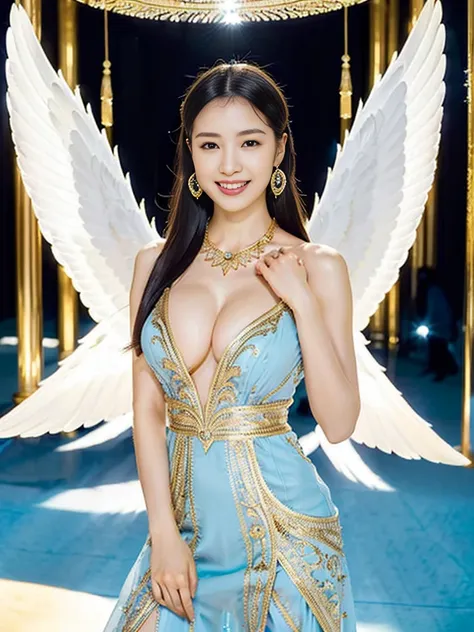 ((Very beautiful angel queen,The final form as a perfect angel, the masterpiece of an angel,Huge and intricate angel wings,The most dignified wings,Golden light,shining background,The most opulent and holy temple background,White and gold temple background...