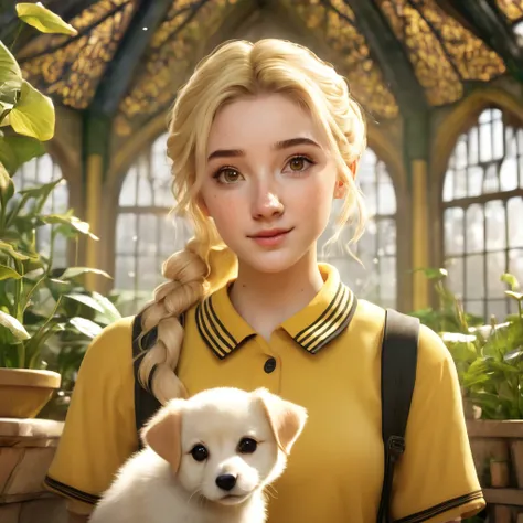 Best quality, masterpiece, Hogwarts student, Hufflepuff, short hair, high twin tails. Short golden blonde twintail hair, serious, very mischievous, cute and bright, with freckles on her face along with her cute puppy in detail. brown eyes A delicate face, ...