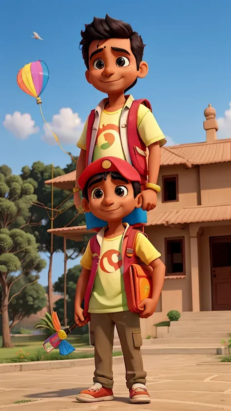 Raju is standing outside his house, holding a new colourful kite in his hand. He looks excited.