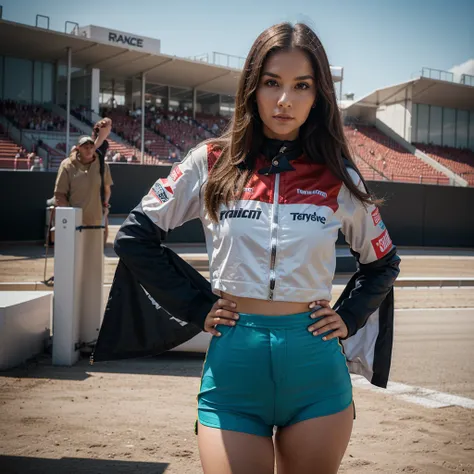 1girl in, 30 years old, Square face, Long hair, Looking at viewer, jewelry, Realistic, Sexy, racing outfit, colorful outfit, F1 racetrack background, freestyle pose