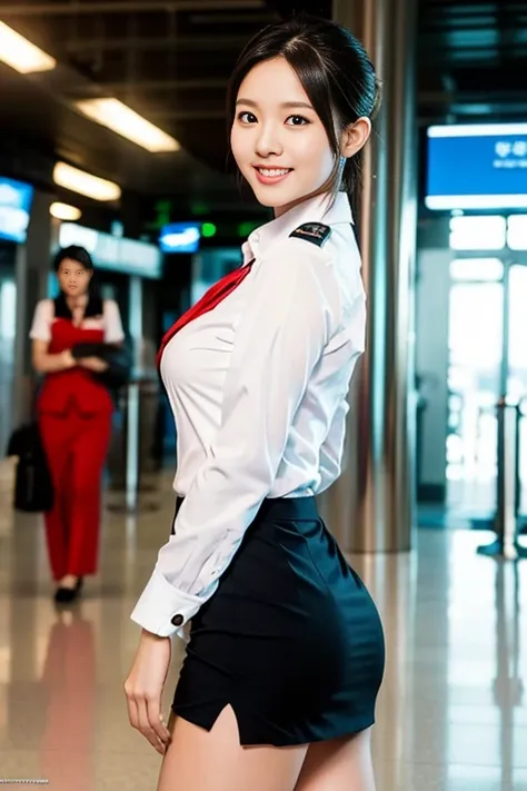 a gorgeous lady, age 21, flight attendant uniform, shenzhen airlines stewardess，natural pose in airport, dimpled smile, short po...