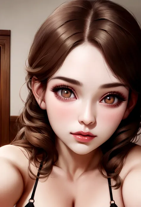 arafed woman fully , sexy girl with brown eyes, ultra realistic, meticulously detailed, portrait sophie mudd, brown hair and large eyes, selfie of a young woman, bedroom eyes, violet myers, without makeup, natural makeup, looking directly at the camera, fa...