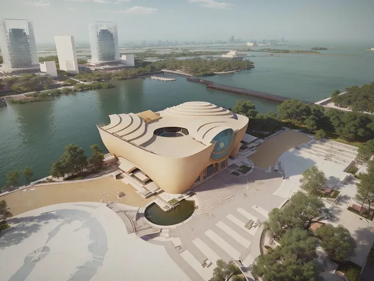 Aerial view of a building with a round roof and a body of water, Photos from 2022, inspired by Zha Shibiao, by Zha Shibiao, Beautiful rendering of the Tang Dynasty, Architectural Rendering, Architectural Visualization, Oktane rendering, urban plaza， Concep...