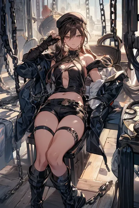 (small breasts:1.2), (perky chest:1.2), (pointed chest:1.2), dark bronde hair,long hair,side ponytail,hair between eyes,bangs, BREAK (beret, black jacket, open clothes, cleavage, midriff, black shorts, black thighhighs, thigh strap, fingerless gloves, sing...