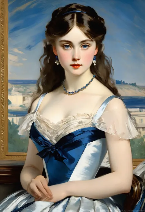 ((an attractive girl with an beautyful eyes)) , blue-white satin  Evening Dress, on  19 century, 
((Edouard Manet style)),((painting)), two-color lighting, Scuff gradient, Complex details, intricate, aesthetics, ((best quality, Masterpiece)),
((Highest det...