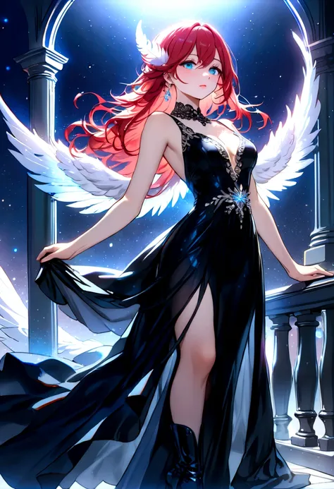 Arafed, a picture of a female angel in high society prom event, divine beautiful female angel, red hair, long hair, flowing hair, the hair glows in a soft light, cerulean eyes, deep light eyes, divine feminine  face, (spread white feather wings: 1.2), she ...