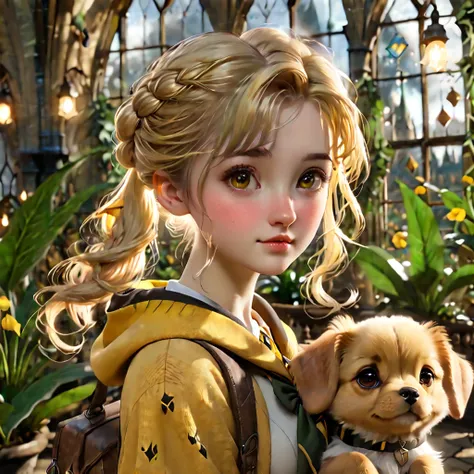 Best quality, masterpiece, Hogwarts student, Hufflepuff, short hair, high twin tails. Short golden blonde twintail hair, serious, very mischievous, cute and bright, with freckles on her face along with her cute puppy in detail. brown eyes A delicate face, ...