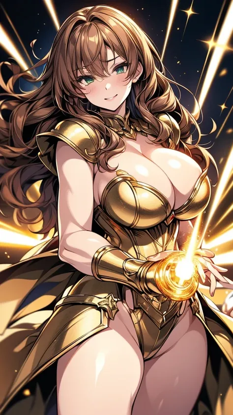 Highest image quality，Outstanding details，Ultra-high resolution，Gold Armor, 4K image, assembly, best quality, masterpiece, movie lighting ，Sexy，Huge Breasts，cleavage，action，In battle，Cleavage，noble，light beam from hand，Golden lightning surrounds，brown curl...