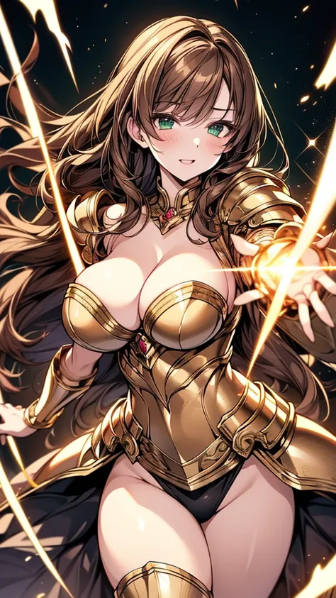 Highest image quality，Outstanding details，Ultra-high resolution，Gold Armor, 4K image, assembly, best quality, masterpiece, movie lighting ，Sexy，Huge Breasts，cleavage，action，In battle，Cleavage，noble，light beam from hand，Golden lightning surrounds，brown curl...