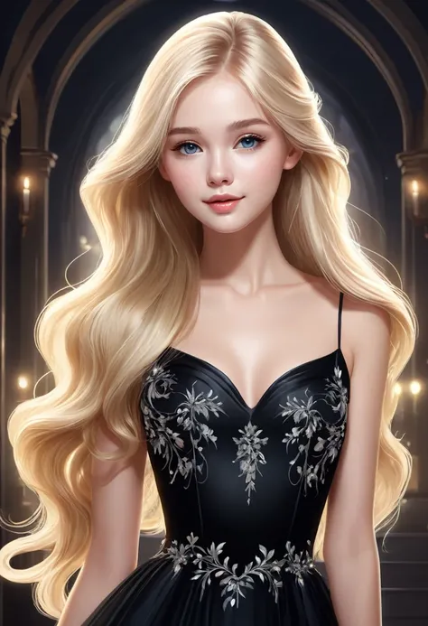   Vector graphic design of cute pretty girl with long blonde hair and perfect anatomy. Her exquisite, gorgeous and charming black evening dress, Ethereal and dreamy.,mitigate,High resolution details,best quality,

           Master of ultra-detailed animat...