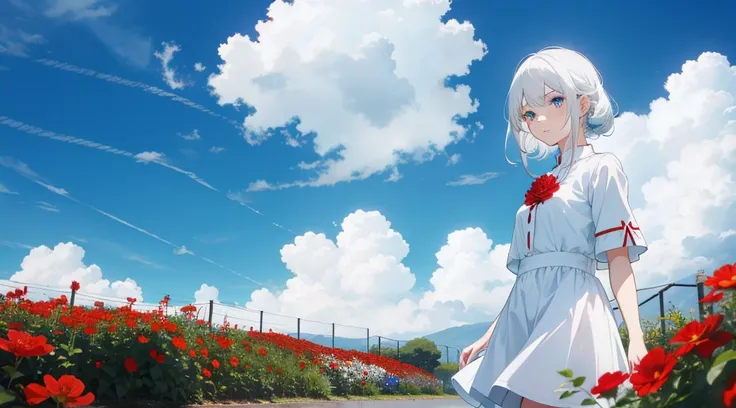 Red flower garden，White Hair Girl，Blue colored eyes，White clothes，Dark blue sky，cloud