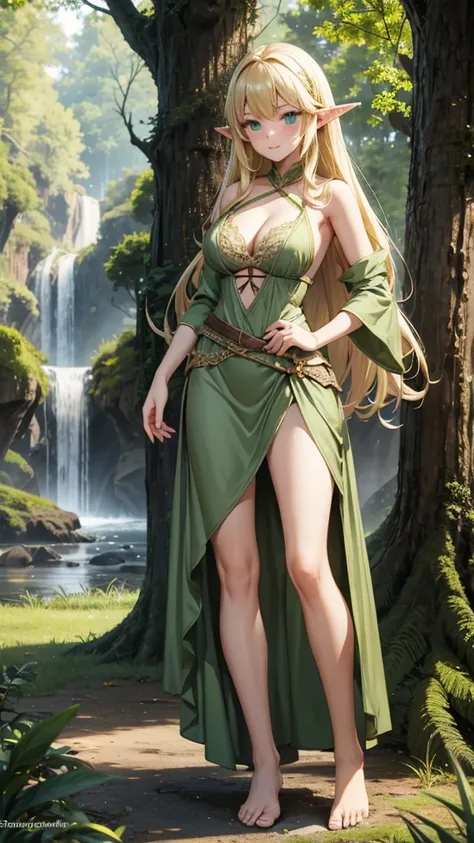 Blonde pointy-eared young elf，green dress，Bare waist，Long skirt，cleavage，，barefoot，Standing，forest