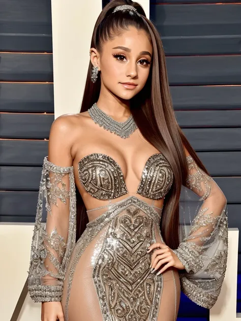 Ariana Grande, dressed in high fashion attire, highlighting elegance and allure, complementing a form-hugging, sequin-embroidered dress that cascades with subtle sheer panels, front photo