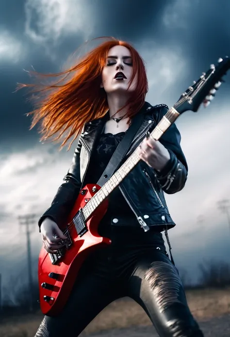 Black Metal girl, red hair shoulder length, leather jacket, riding on a guitar in sky, electricity effects,  movement blur