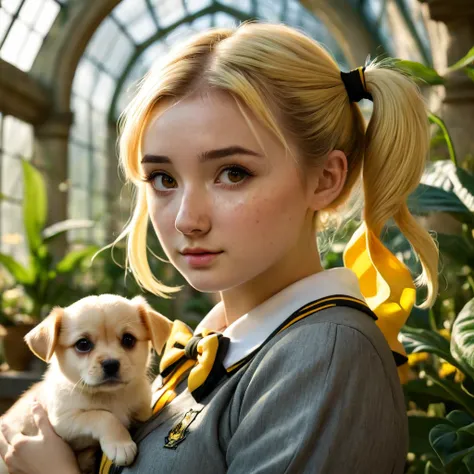 best quality, masterpiece, hogwarts student, hufflepuff, short hair, high twin tails. short golden blonde twintail hair, serious...