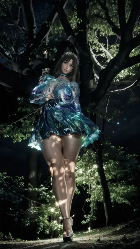  Big woman inside the tree at night setting there she looks like fairy tale wearing glowing effect clothes full body view POV from trees branches 