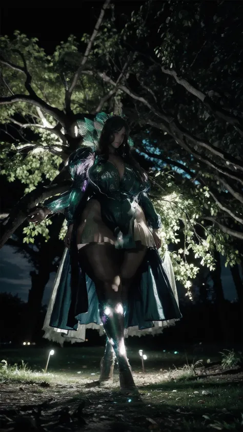  Big woman inside the tree at night setting there she looks like fairy tale wearing glowing effect clothes full body view POV from trees branches 