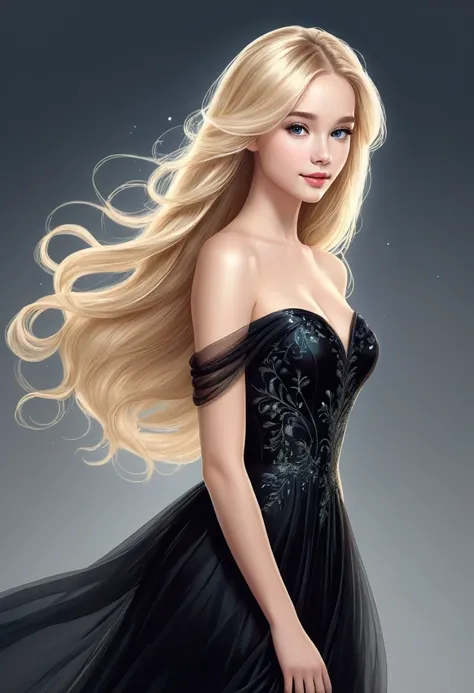   Vector graphic design of cute pretty girl with long blonde hair and perfect anatomy. Her exquisite, gorgeous and charming black evening dress, Ethereal and dreamy.,mitigate,High resolution details,best quality,

           Master of ultra-detailed animat...