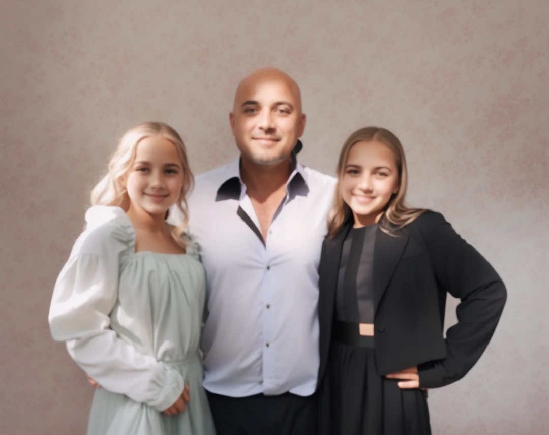 
very beautiful photo of a dad in a bald shirt and two daughters in very beautiful dresses , The best photo