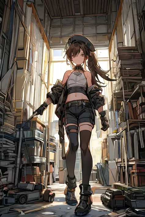 (small breasts:1.2), (perky chest:1.2), (pointed chest:1.2), dark bronde hair,long hair,side ponytail,hair between eyes,bangs, BREAK (beret, black jacket, open clothes, cleavage, midriff, black shorts, black thighhighs, thigh strap, fingerless gloves, sing...