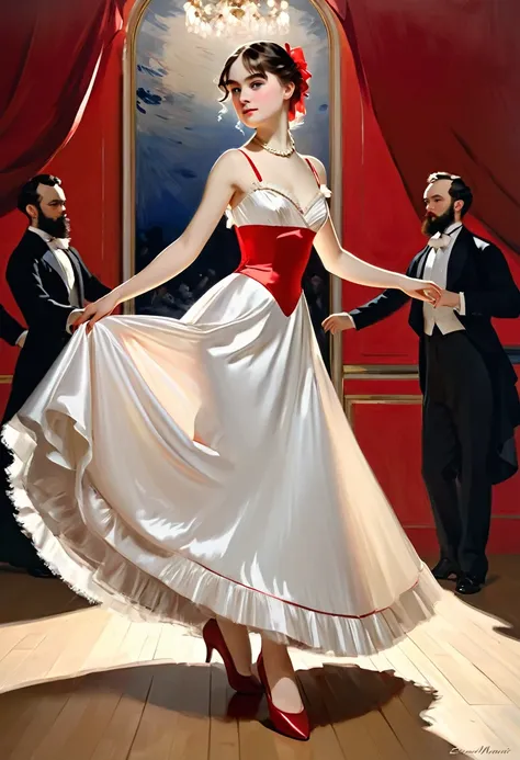 ((full body, an attractive girl with an beautyful eyes)) , red-white satin  Evening Dress, dancing  time, 
((Edouard Manet style)),((painting)), two-color lighting, Scuff gradient, Complex details, intricate, aesthetics, ((best quality, Masterpiece)),
((Hi...