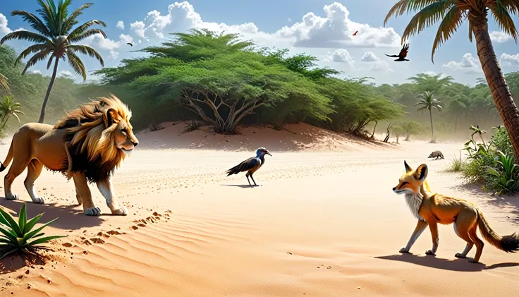 An array of wild beasts: a desert lion and a fennec fox on the sandy side, and a tropical bird and a small, wild boar on the jungle side, cautiously approaching each other near a meeting point where desert sands blend with the jungle’s edge.
